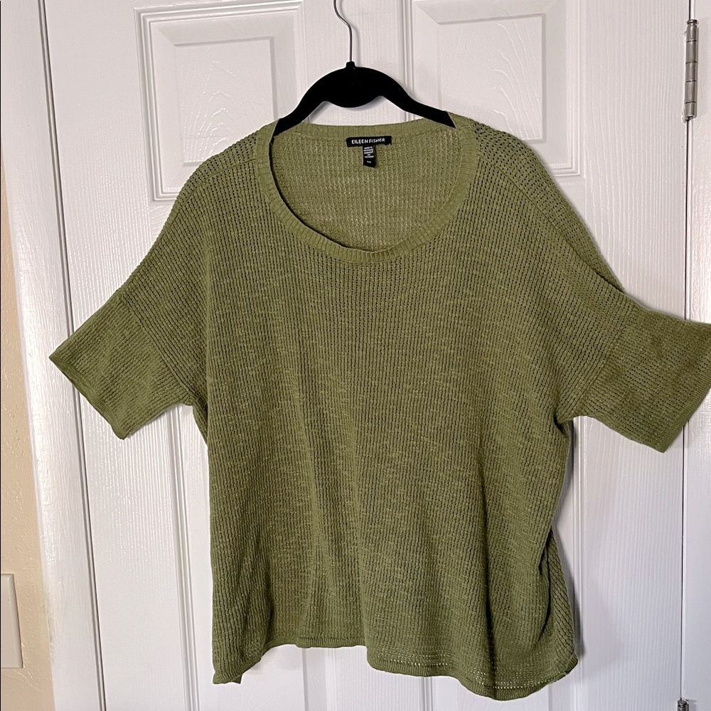 EileenFisher organic linen cotton slubknit pullover sweater short sleeve olive S